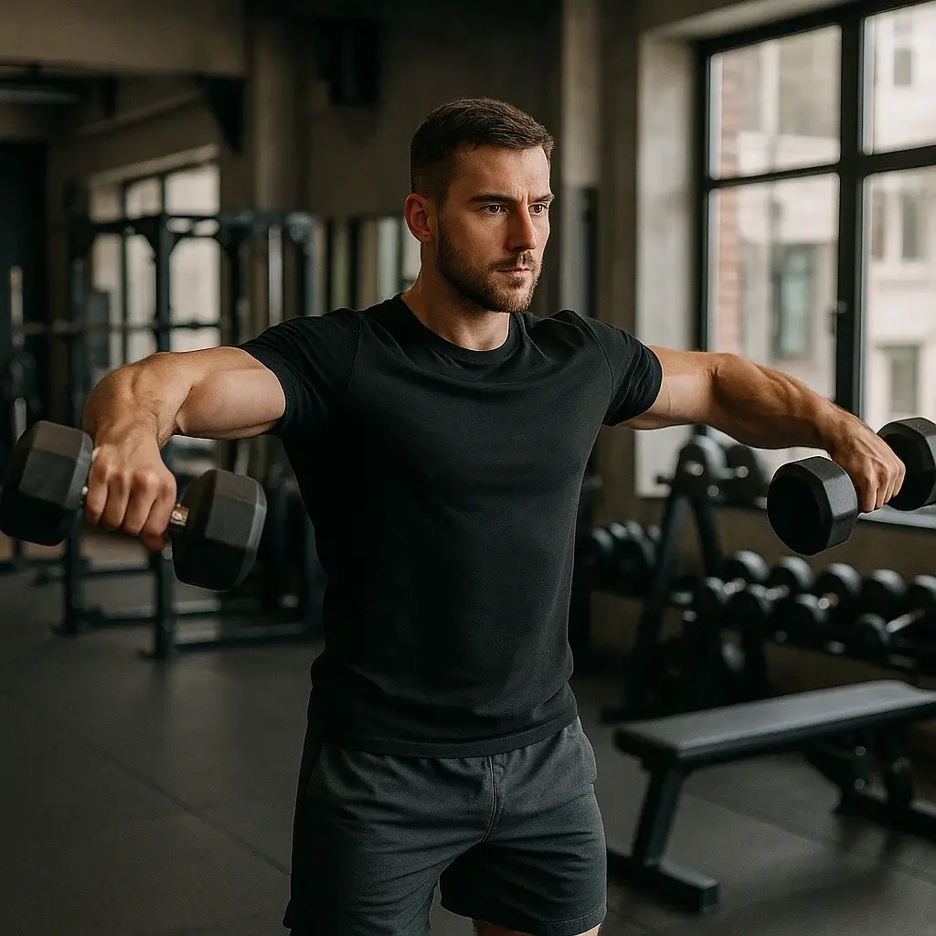 Vue de profil d’un homme sculpté effectuant des élévations latérales pour la musculation des épaules.