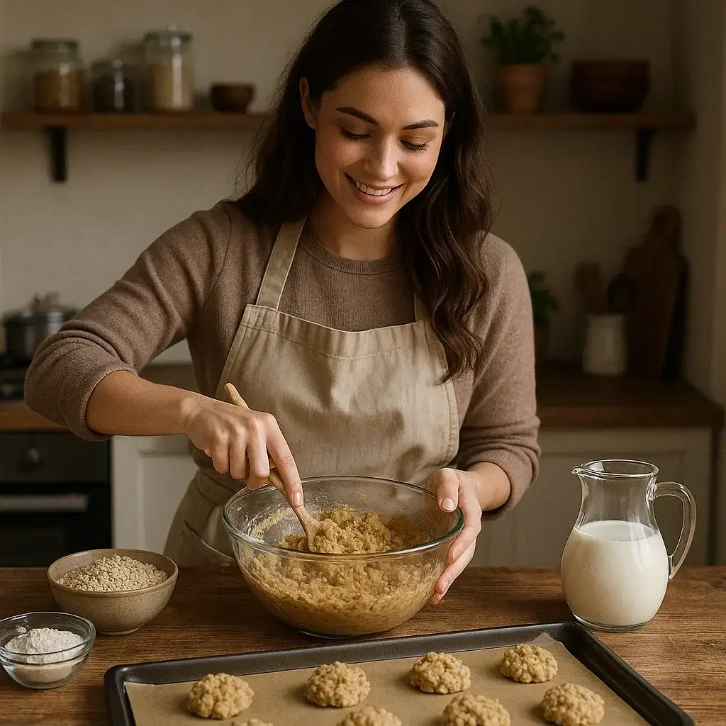 Femme préparant une Recette de Cookies aux Flocons d'Avoine dans une cuisine lumineuse