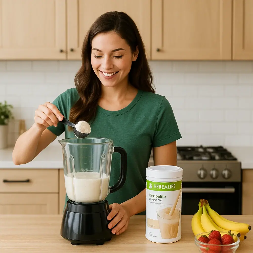 Femme souriante en cuisine préparant une des recettes Herbalife pour un shake protéiné maison.