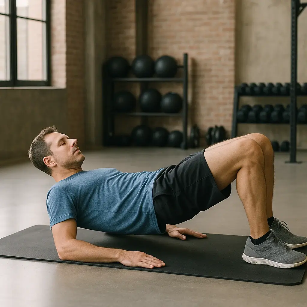 Homme réalisant un gainage adapté aux exercices pour la lombalgie dans une salle de sport.