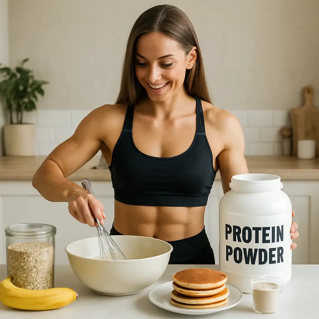 Femme sportive en train de préparer une recette pancakes pour la prise de masse dans une cuisine moderne.