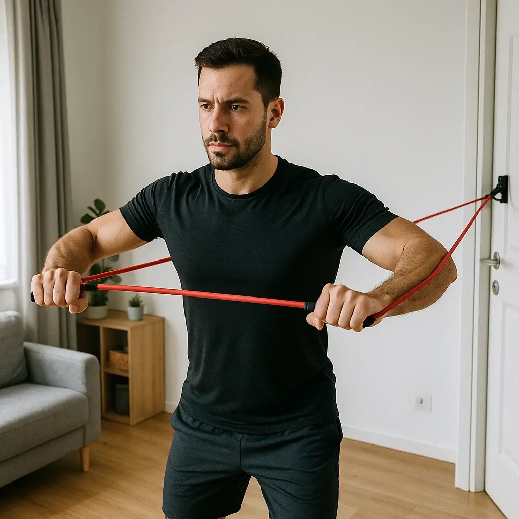 Homme réalisant des Exercices Pectoraux à La Maison avec un élastique rouge tendu au niveau de la poitrine.