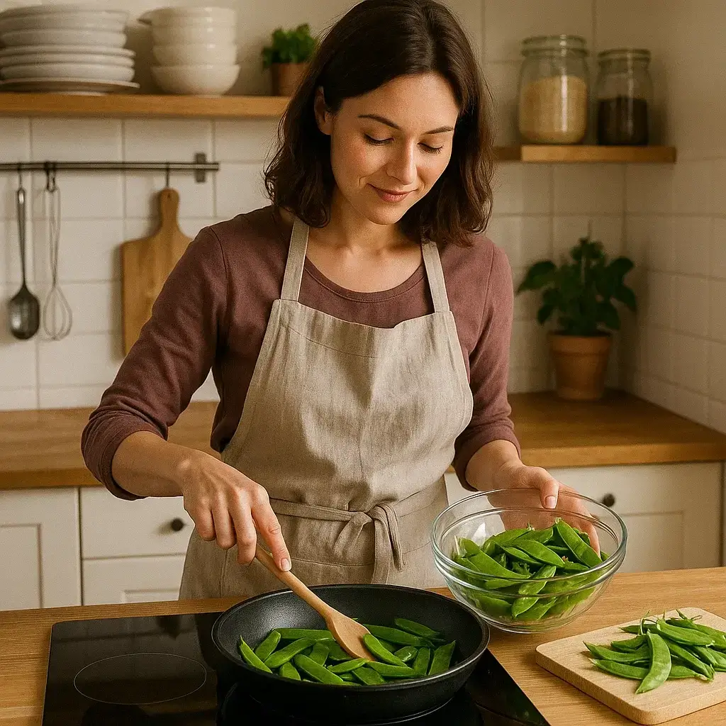 Femme souriante en train de préparer une Recette Pois Gourmands maison dans une cuisine moderne.