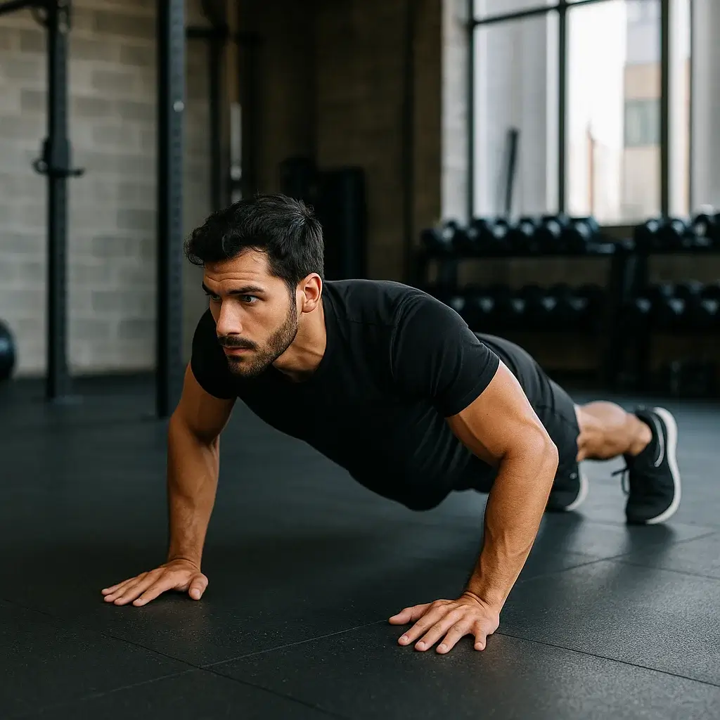 Homme concentré effectuant un entraînement des pompes intense sur tapis de gym.