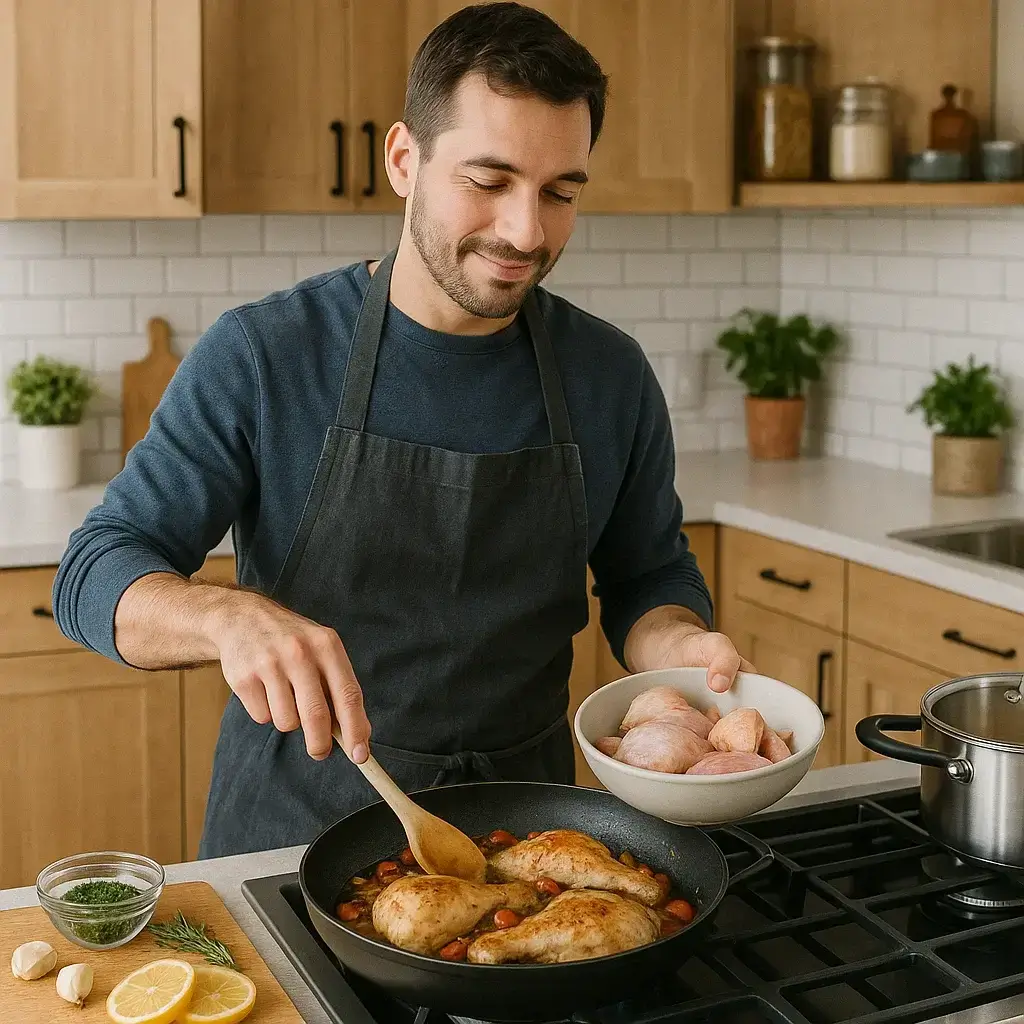 Un homme cuisine une Recette de Poulet maison dans sa cuisine moderne.