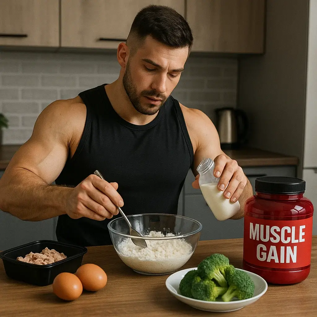 Homme en cuisine préparant une recette de prise de masse pour hommes avec des œufs, du riz et du poulet.