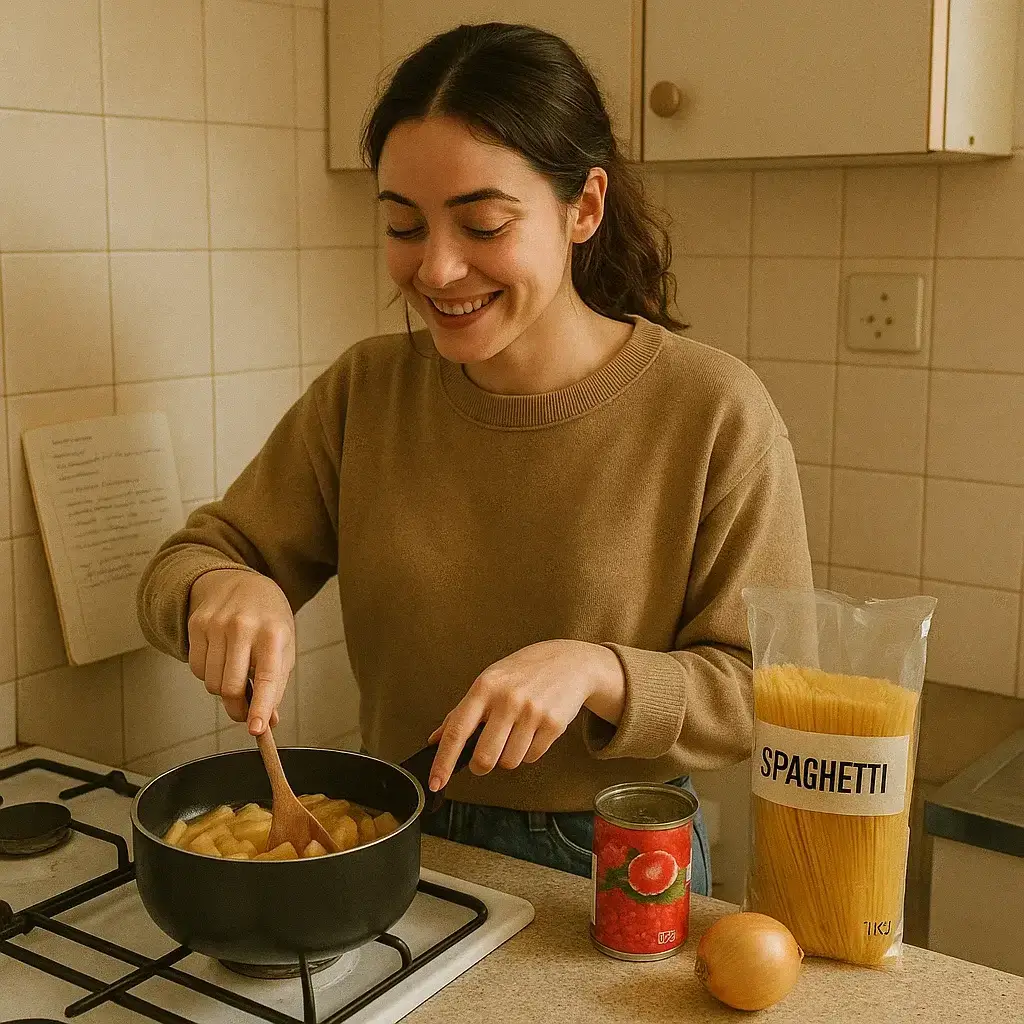 Femme souriante en cuisine préparant des recettes économiques avec des légumes frais.