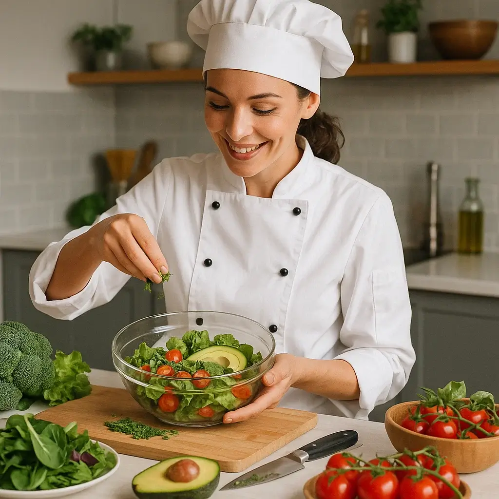 Femme souriante préparant une Recette Saine et Équilibrée dans une cuisine moderne.