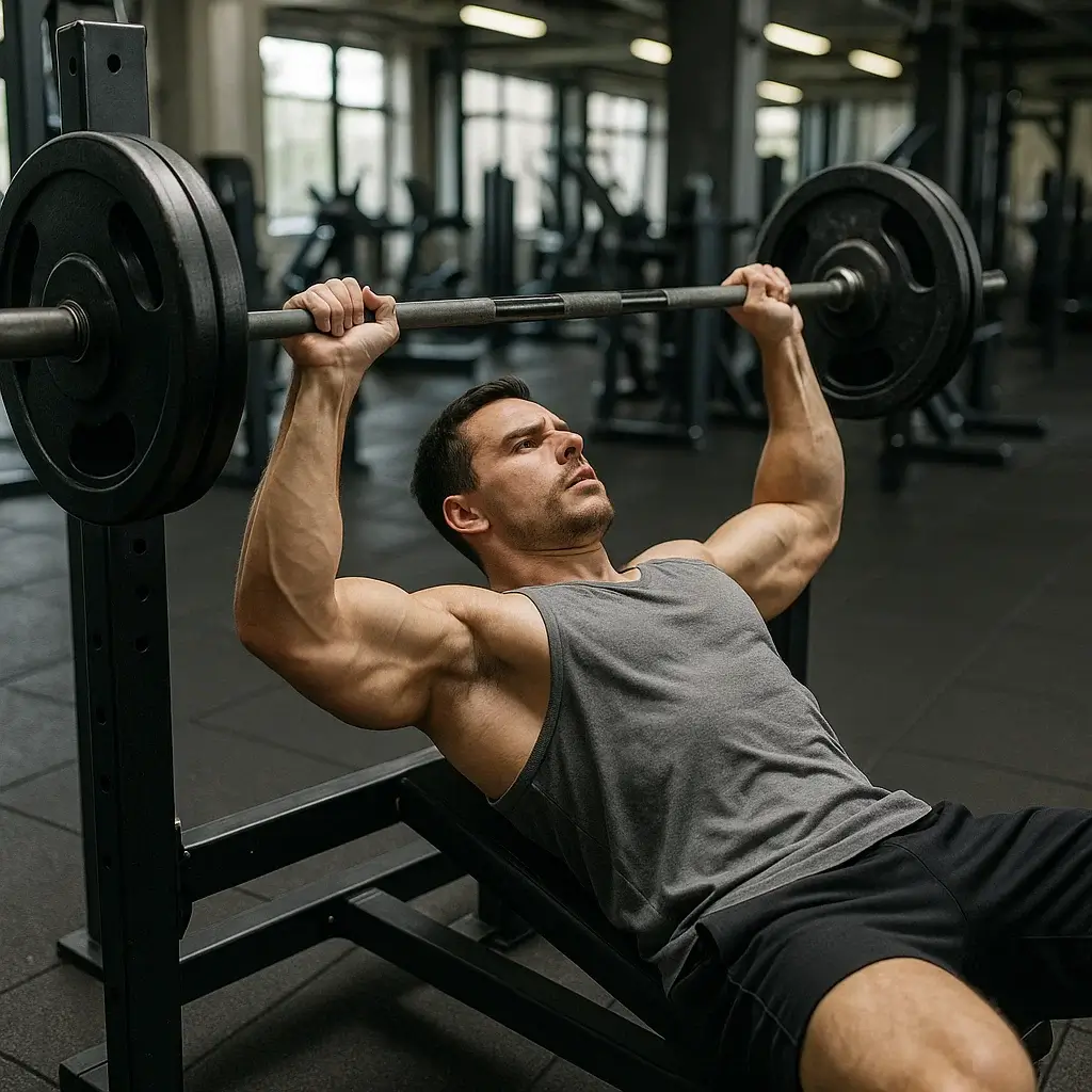 Homme réalisant un développé couché dans le cadre d’un Programme de Remise en Forme pour hommes en salle de sport.
