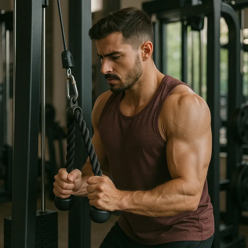 Homme effectuant des exercices de triceps avec une machine de musculation en salle de sport.