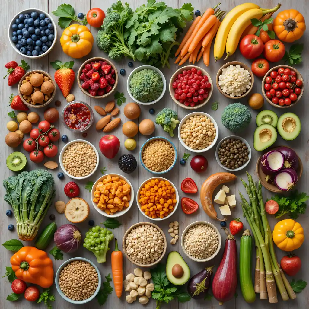Image présentant 50 aliments bons pour la santé riches en nutriments essentiels.