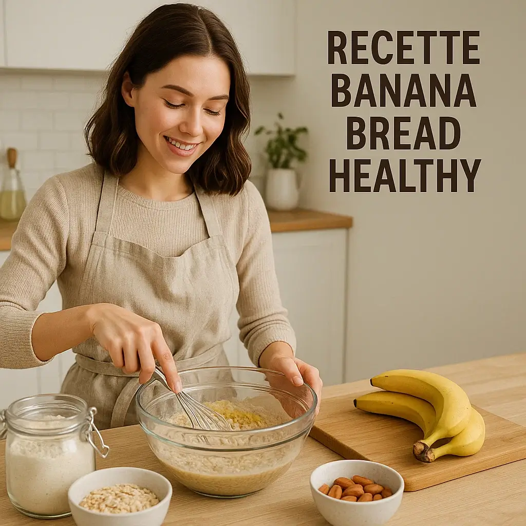 Femme souriante préparant une Recette Banana Bread Healthy dans une cuisine lumineuse.