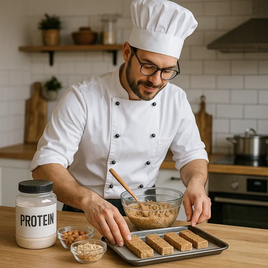 Homme concentré préparant une recette maison de barres protéinées dans sa cuisine