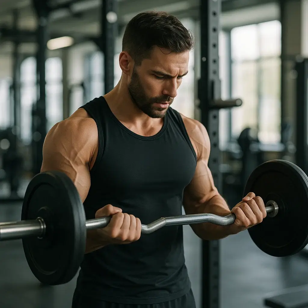 Homme en plein Entraînement Des Biceps avec une barre droite dans une salle de sport moderne.