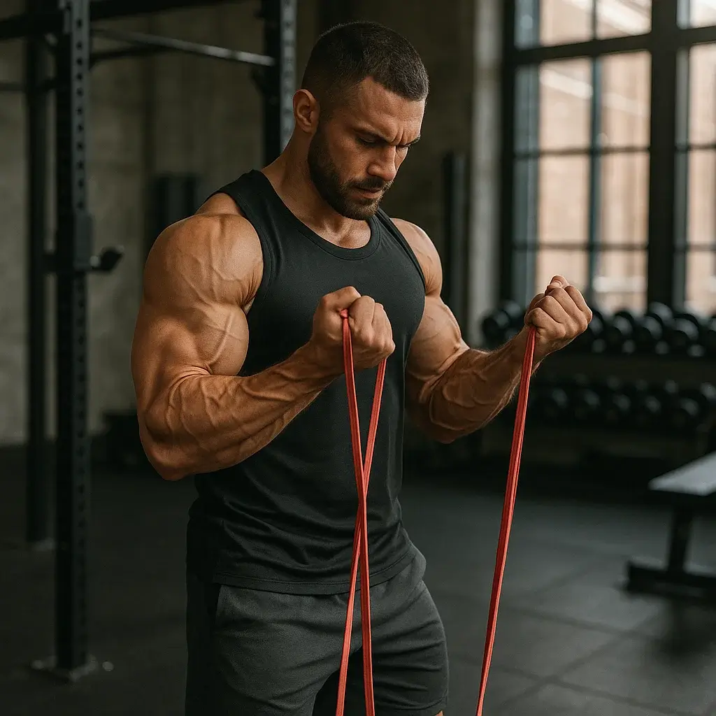 Homme musclé s'entraînant aux biceps avec les élastiques en salle de gym.