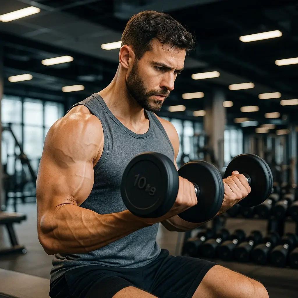 Homme musclé en pleine contraction des biceps avec haltères dans une salle de sport moderne.