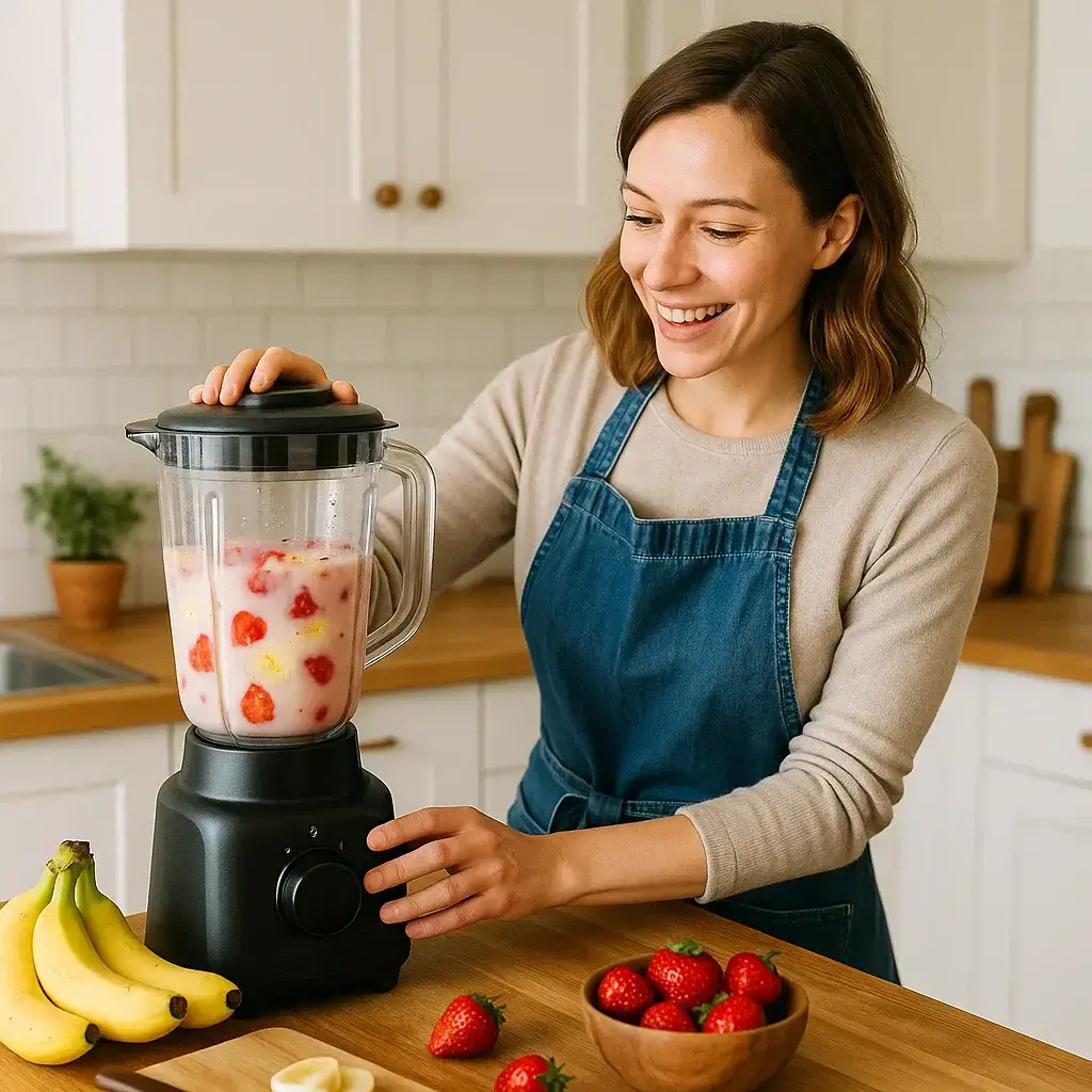 Femme souriante préparant une recette blender avec des fruits frais dans sa cuisine moderne.