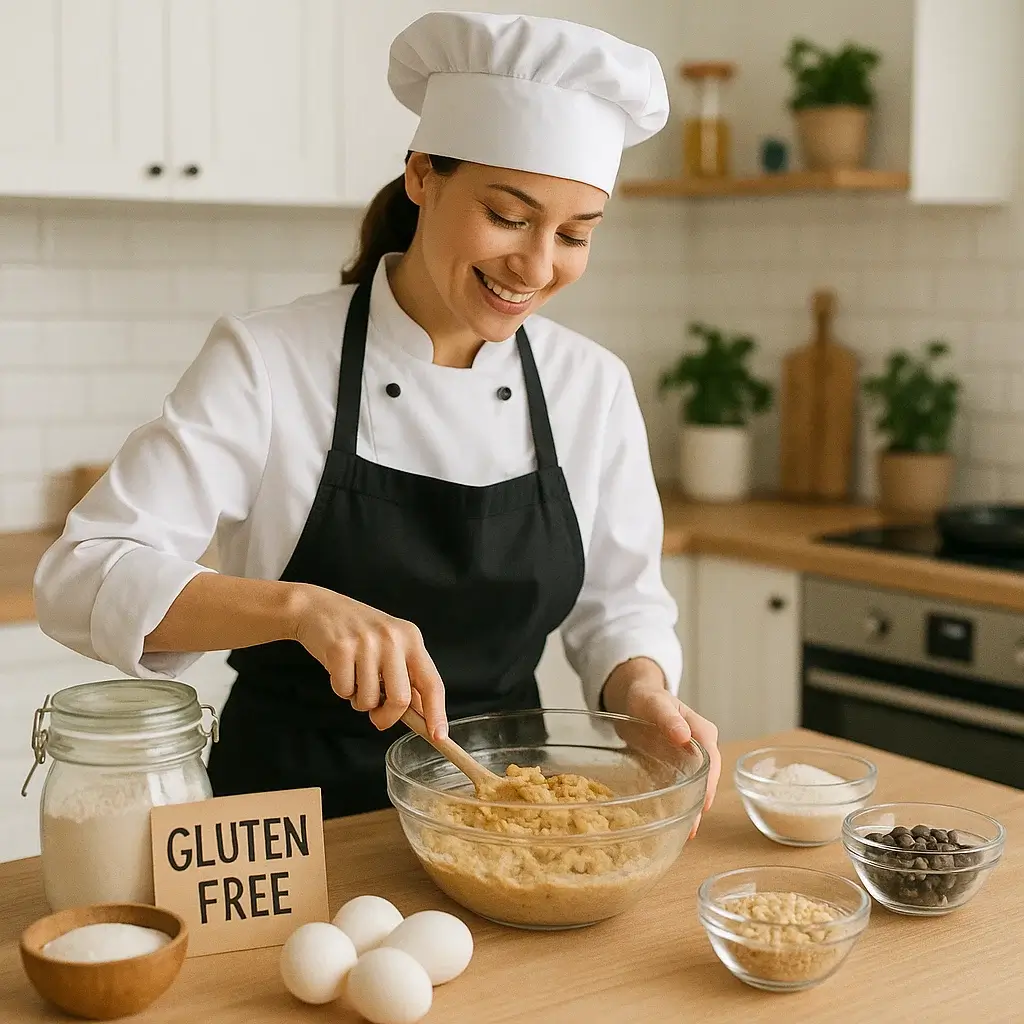 Femme souriante en cuisine préparant les Cookies sans Gluten avec des ingrédients naturels.