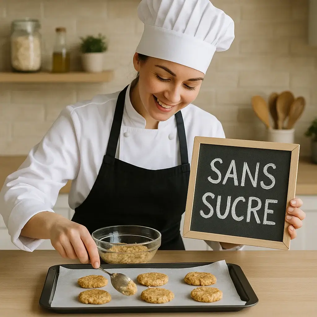 Chef préparant des cookies sans sucre à base d’avoine et chocolat noir.