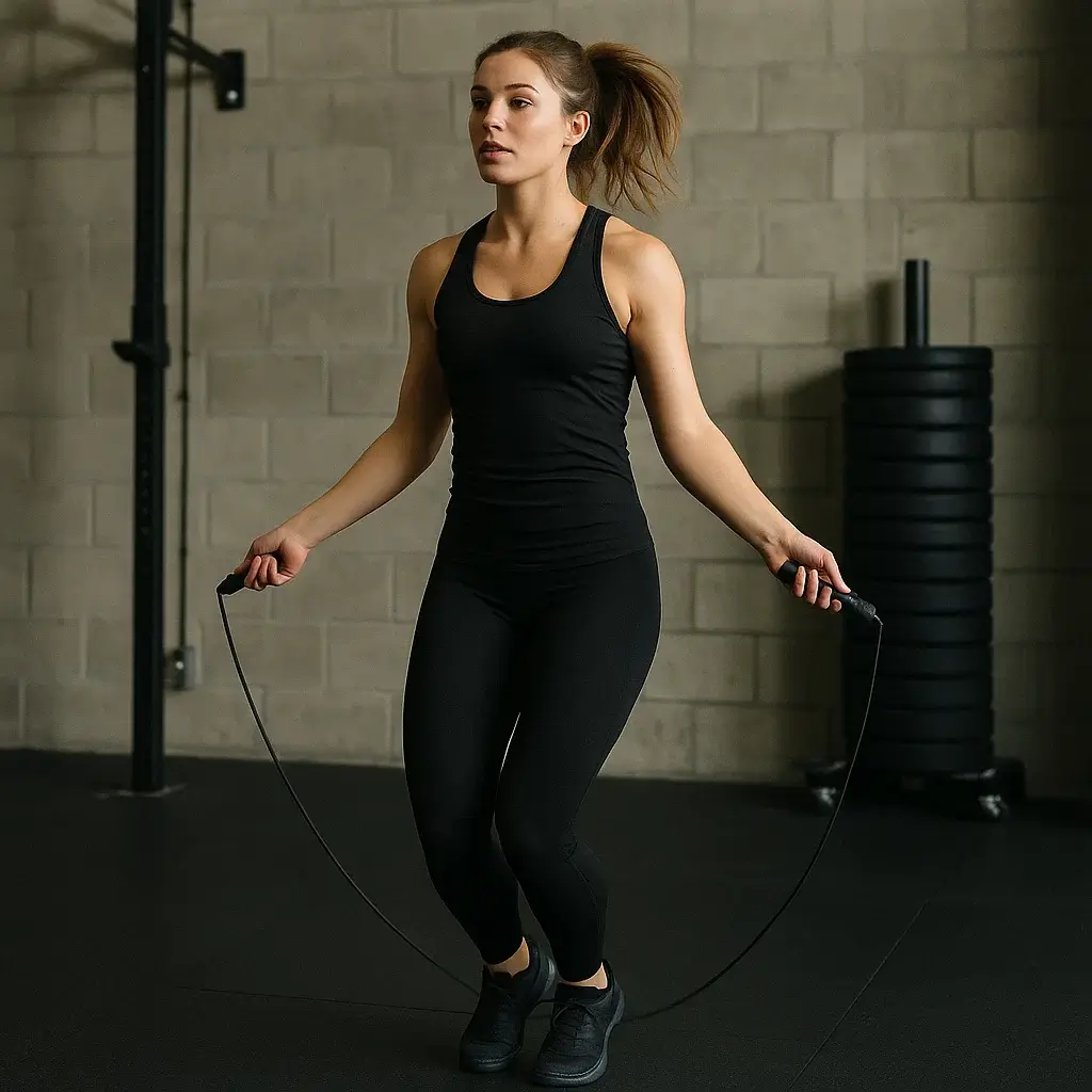 Femme concentrée en plein saut avec la corde à sauter lors d’une séance de cardio en salle de sport.