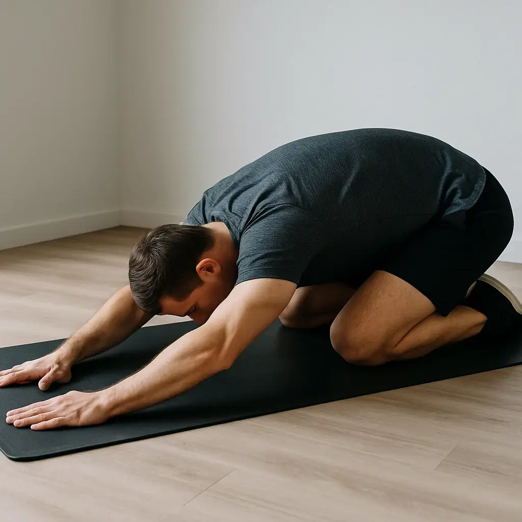 Homme effectuant des exercices pour dire adieu au mal de dos avec une bande de résistance dans une salle lumineuse.