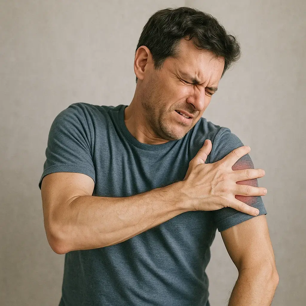 Un homme soulève lentement le bras droit, illustrant la douleur causée par une bursite de l’épaule.