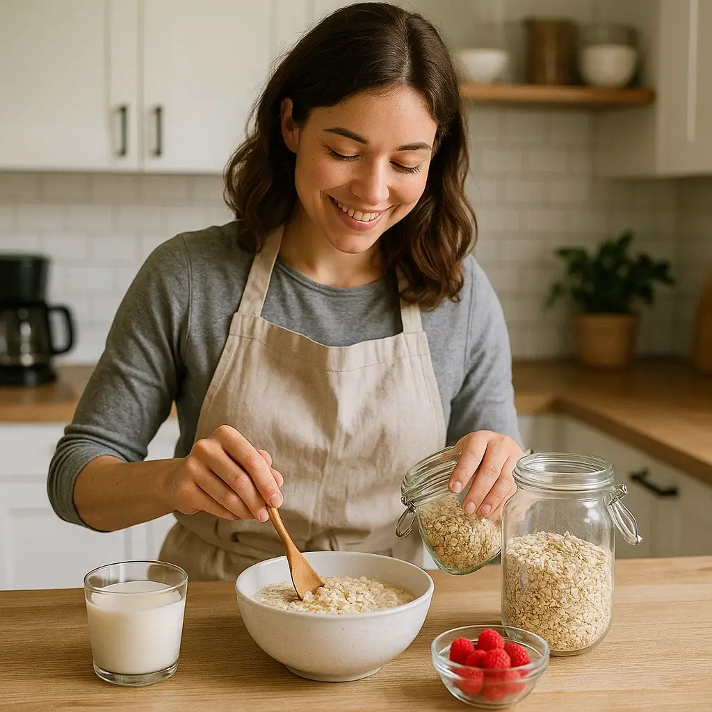 Femme souriante préparant une Recette Flocons d'Avoine dans sa cuisine lumineuse.