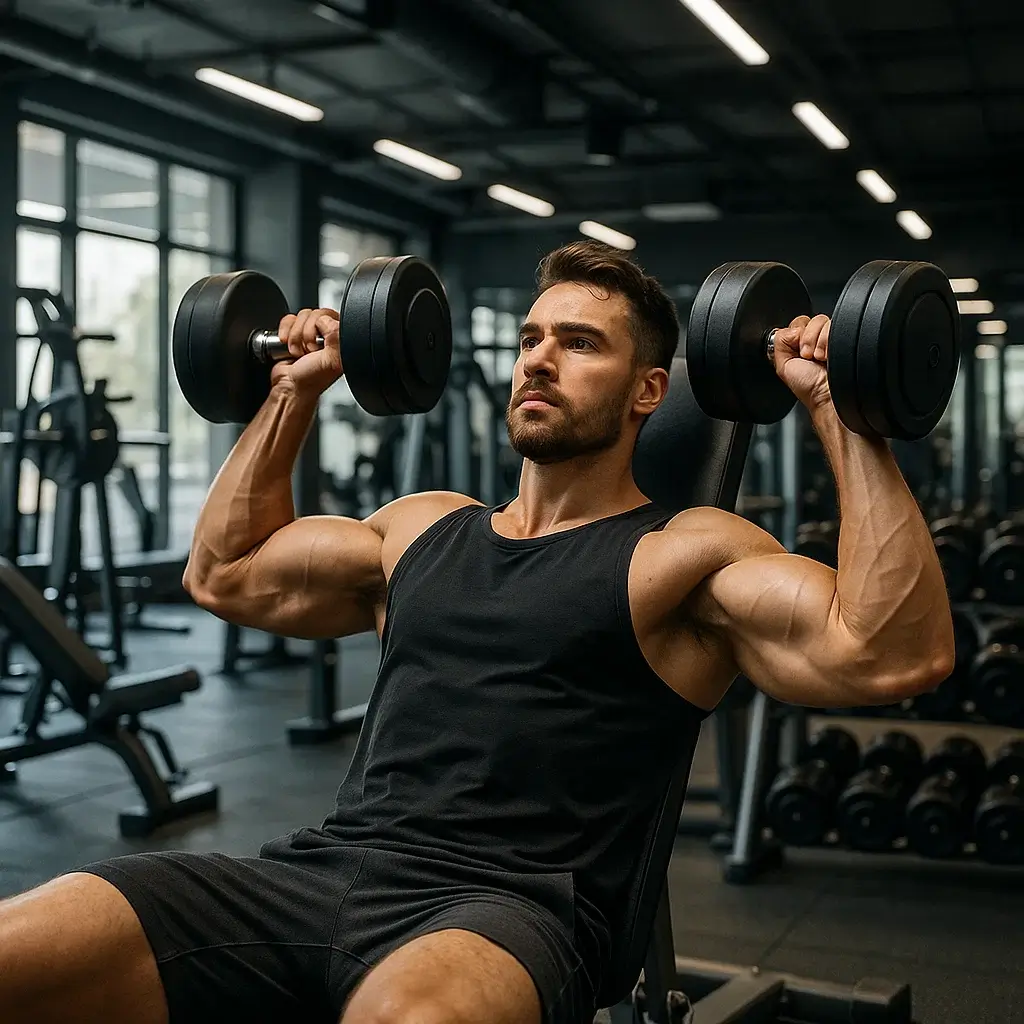 Homme en pleine séance de musculation pour une remise en forme avec des haltères dans une salle de sport lumineuse.