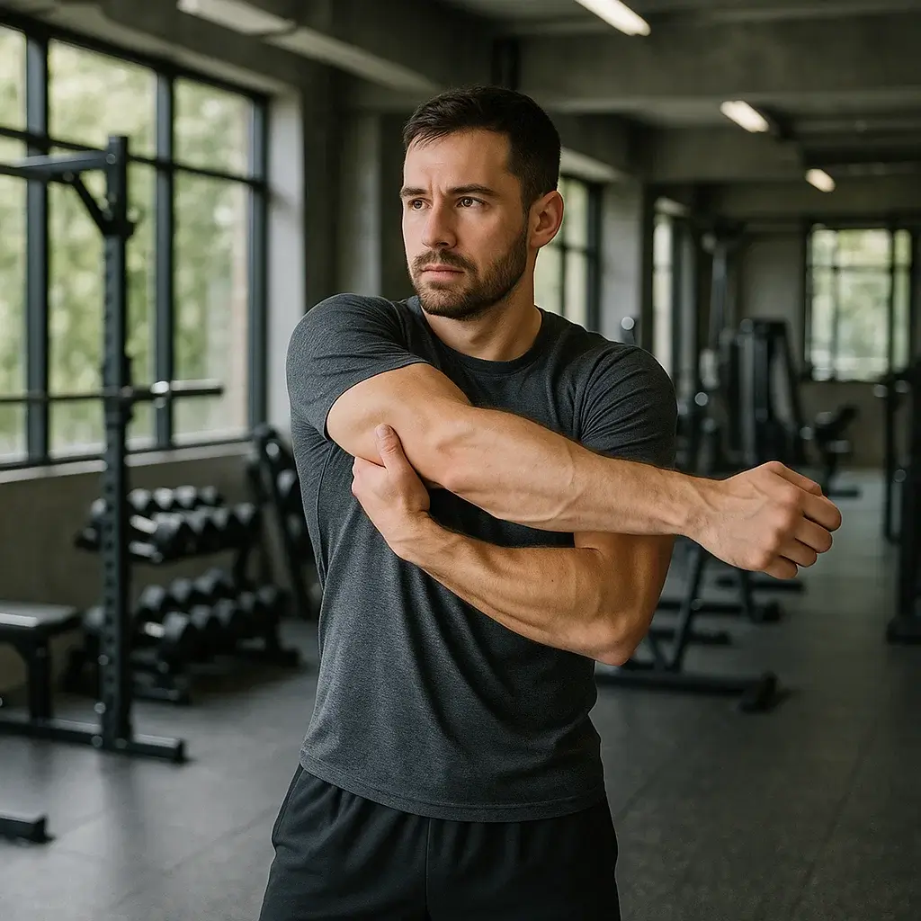 Homme effectuant des étirements des épaules pour améliorer la mobilité à la salle de gym