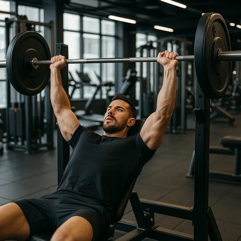 Homme réalisant des exercices pectoraux avec une barre en salle de musculation