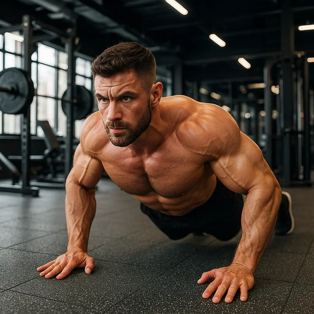 Homme concentré réalisant les pompes pour les biceps sur tapis de gym.