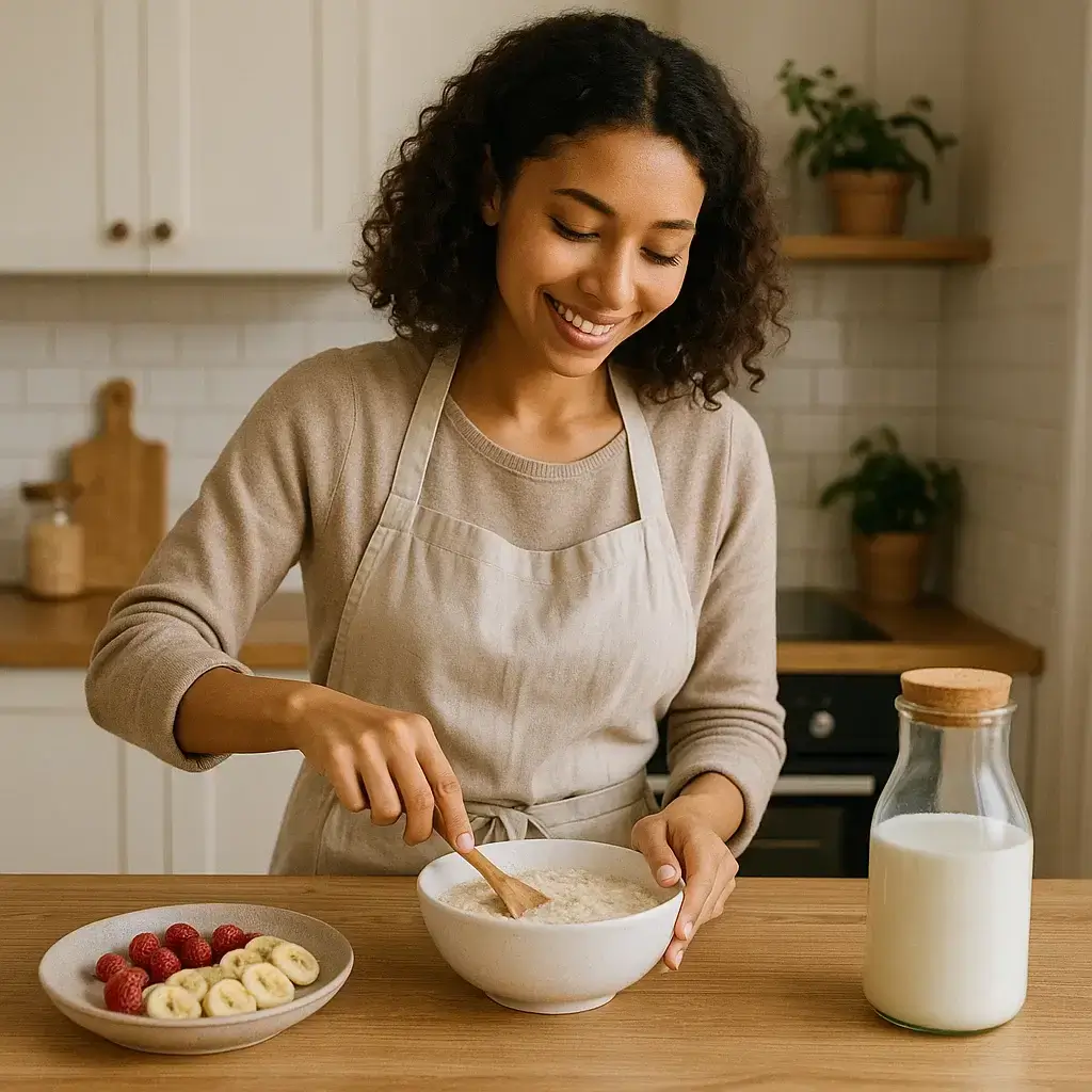 Femme souriante versant du lait d’amande sur une Recette de Porridge garnie de fruits rouges.