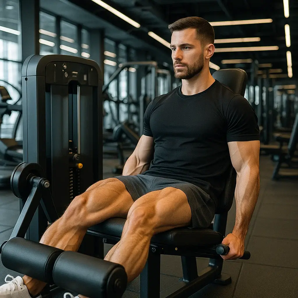 Homme en salle de sport réalisant des exercices quadriceps à la machine leg extension.