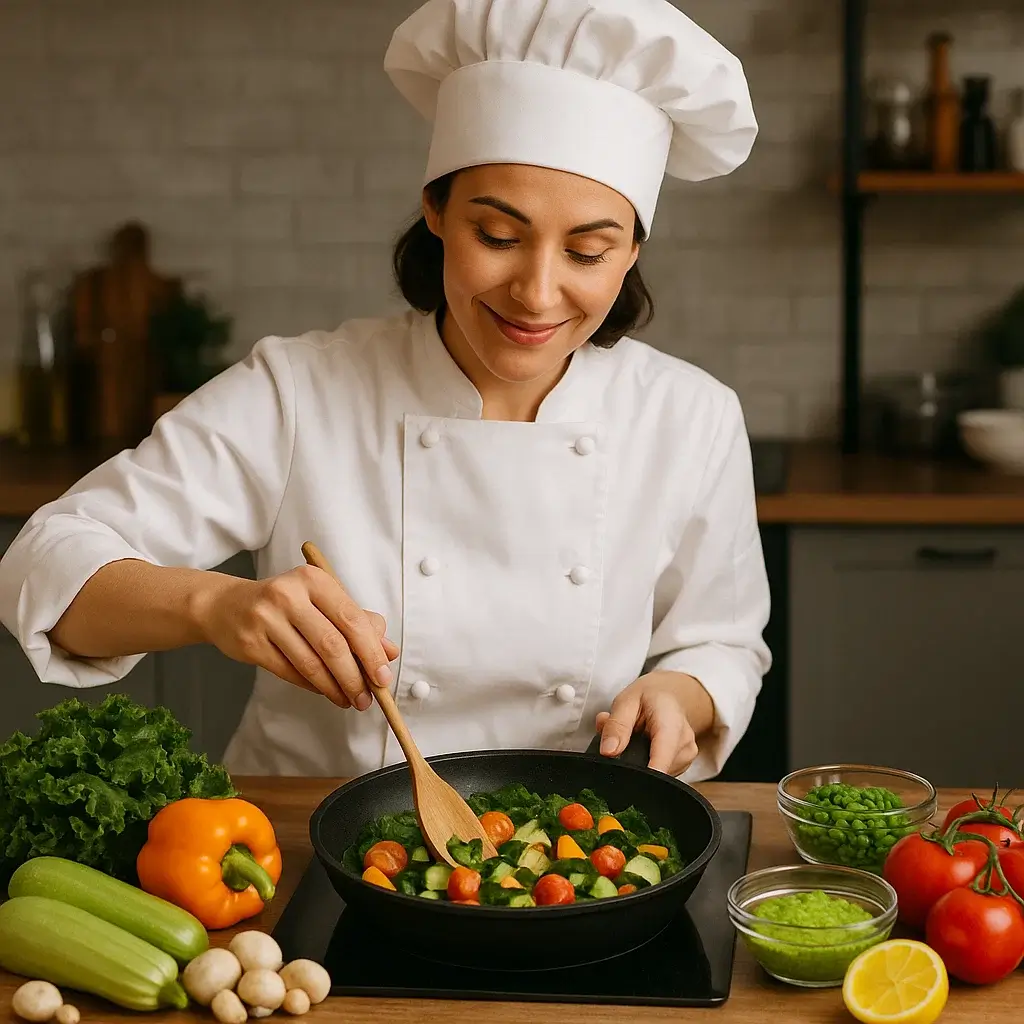 Femme souriante préparant une recette végétarienne colorée dans sa cuisine.