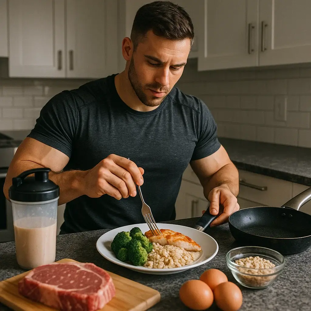 Homme en cuisine préparant une recette riche en protéines pour prendre de la masse musculaire.