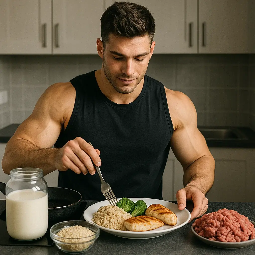 Homme préparant un repas riche en protéines pour une prise de masse sèche dans une cuisine moderne.