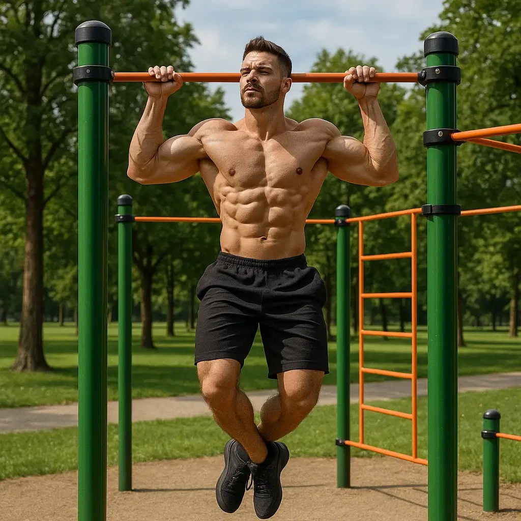 Homme exécutant des tractions sur barre fixe dans un parc, dans le cadre d’un programme street workout intensif.