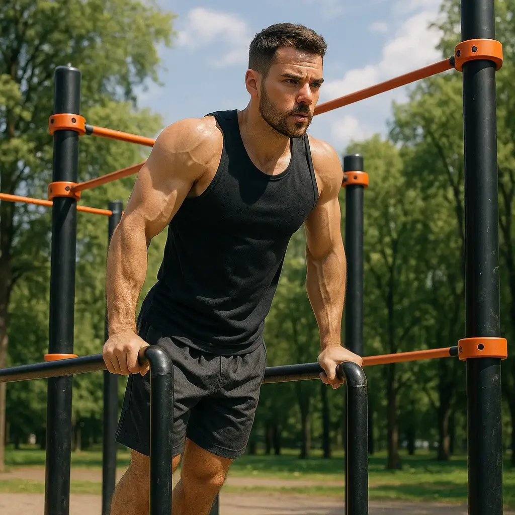 Homme exécutant une traction sur une barre fixe dans un parc, suivant un Programme de Street Workout complet.