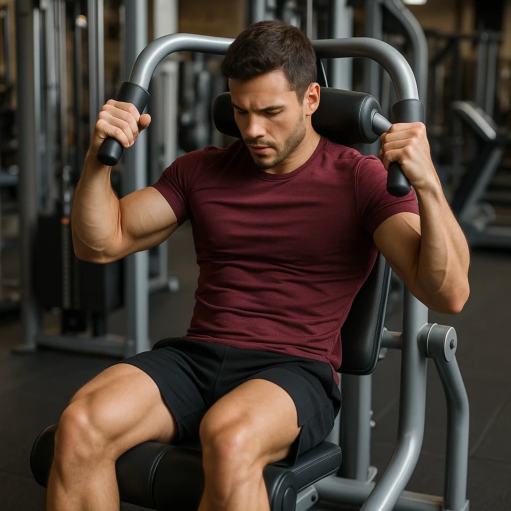 Homme concentré réalisant des exercices abdos avec machine à la salle de sport.