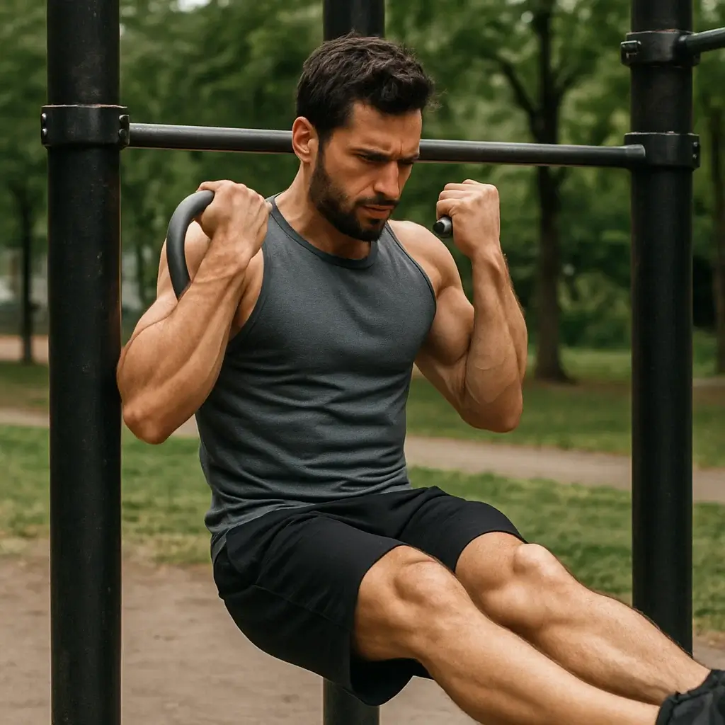 Un homme réalise des tractions en extérieur pour travailler les biceps et le poids du corps.