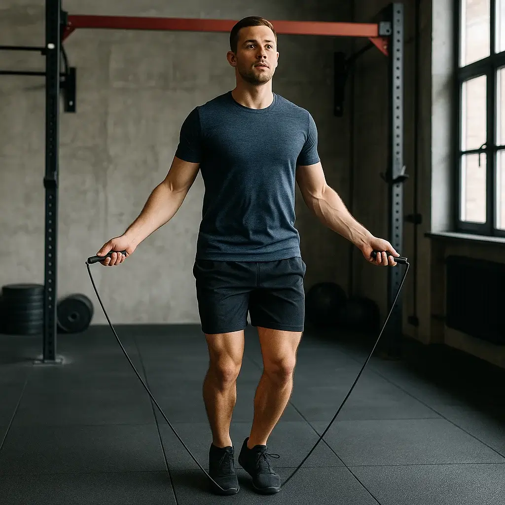 Homme concentré sautant avec une corde à sauter lors d’un entraînement cardio intense.