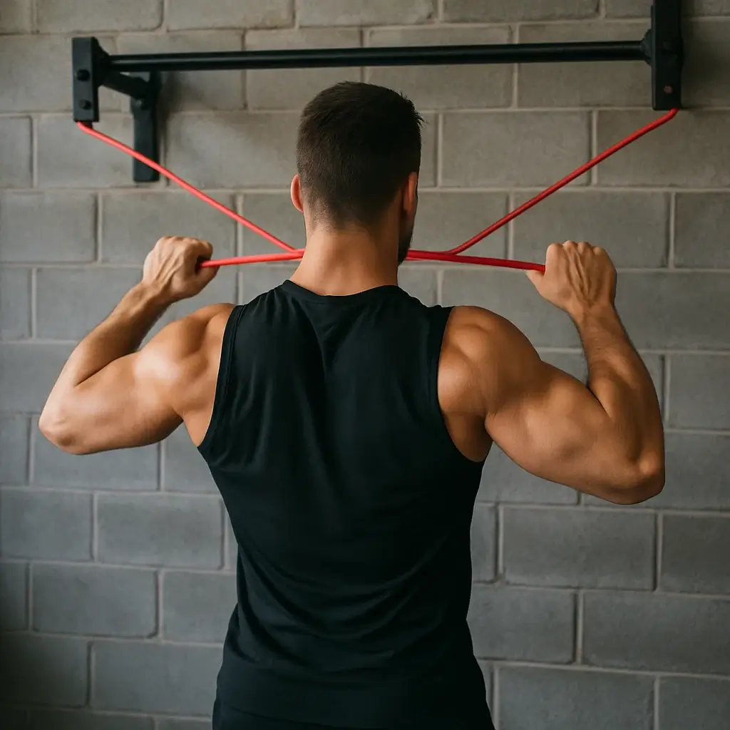 Homme effectuant des exercices du dos élastiques pour renforcer les muscles dorsaux à la maison.