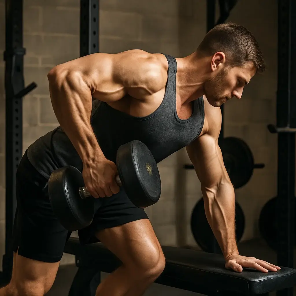 Homme effectuant des exercices du dos avec des haltères dans une salle de sport moderne.