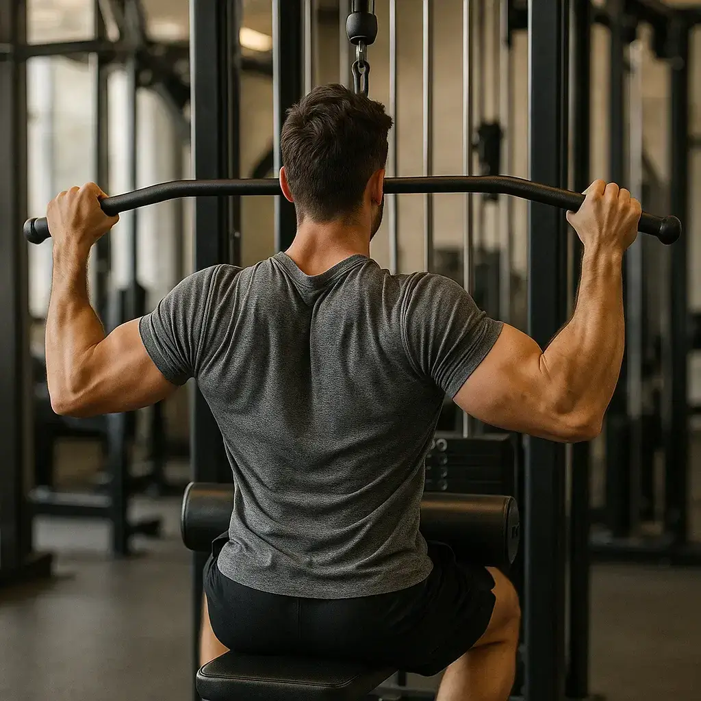 Un homme exécute Des Exercices de Dos à la Poulie Haute dans une salle de sport moderne.