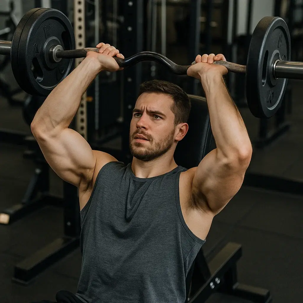 Un homme effectue un French Press en musculation avec des haltères dans une salle de sport bien éclairée.