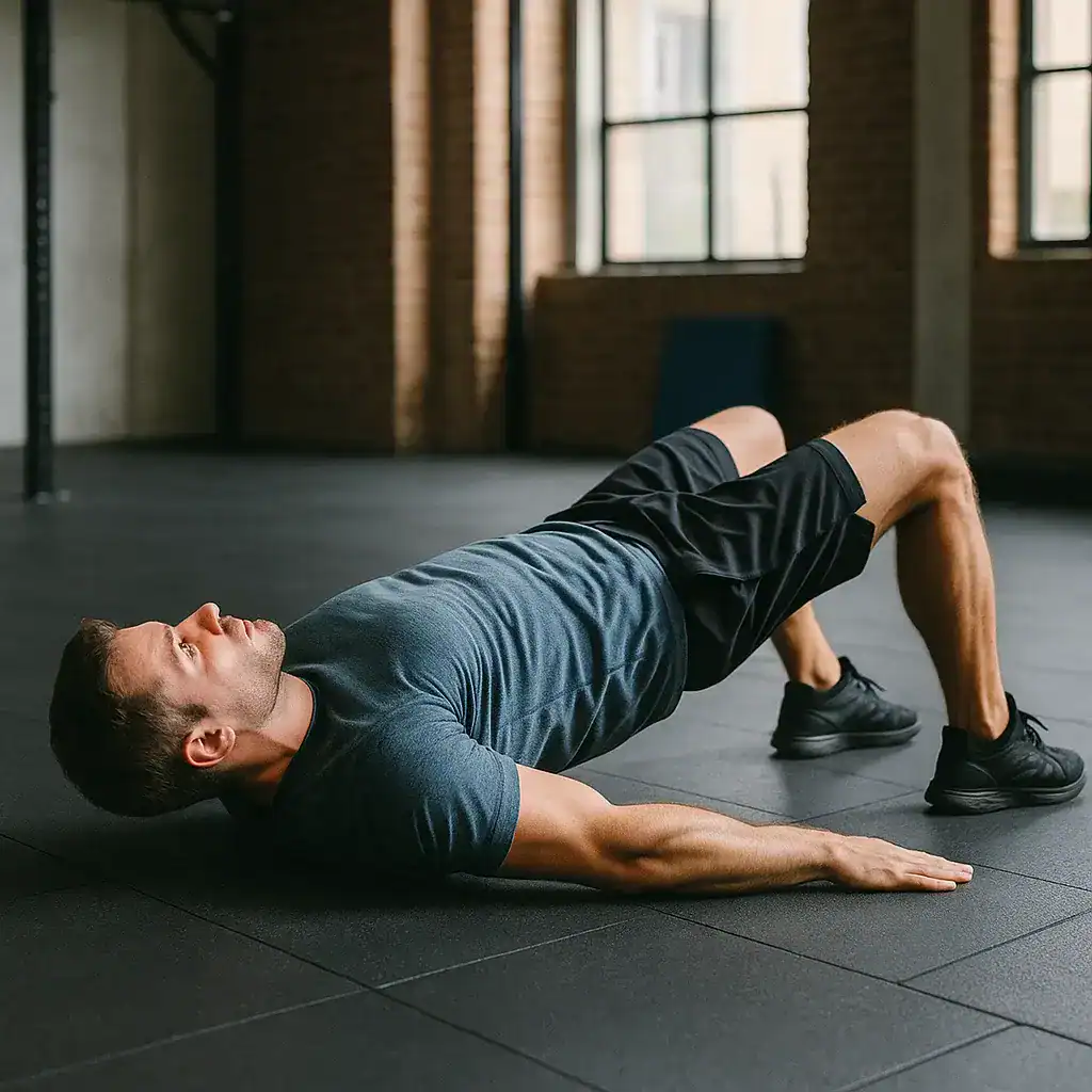 Homme en position de gainage dorsal sur tapis de sport pour renforcer les muscles du dos.