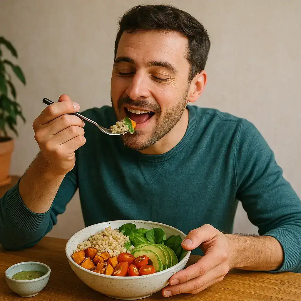 Homme savourant une assiette colorée de quinoa et légumes – Recette Saine Et Gourmande.