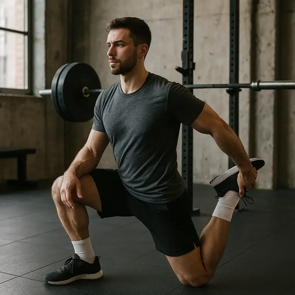 Un homme allongé sur un tapis de yoga et qui fait la récupération musculaire des jambes