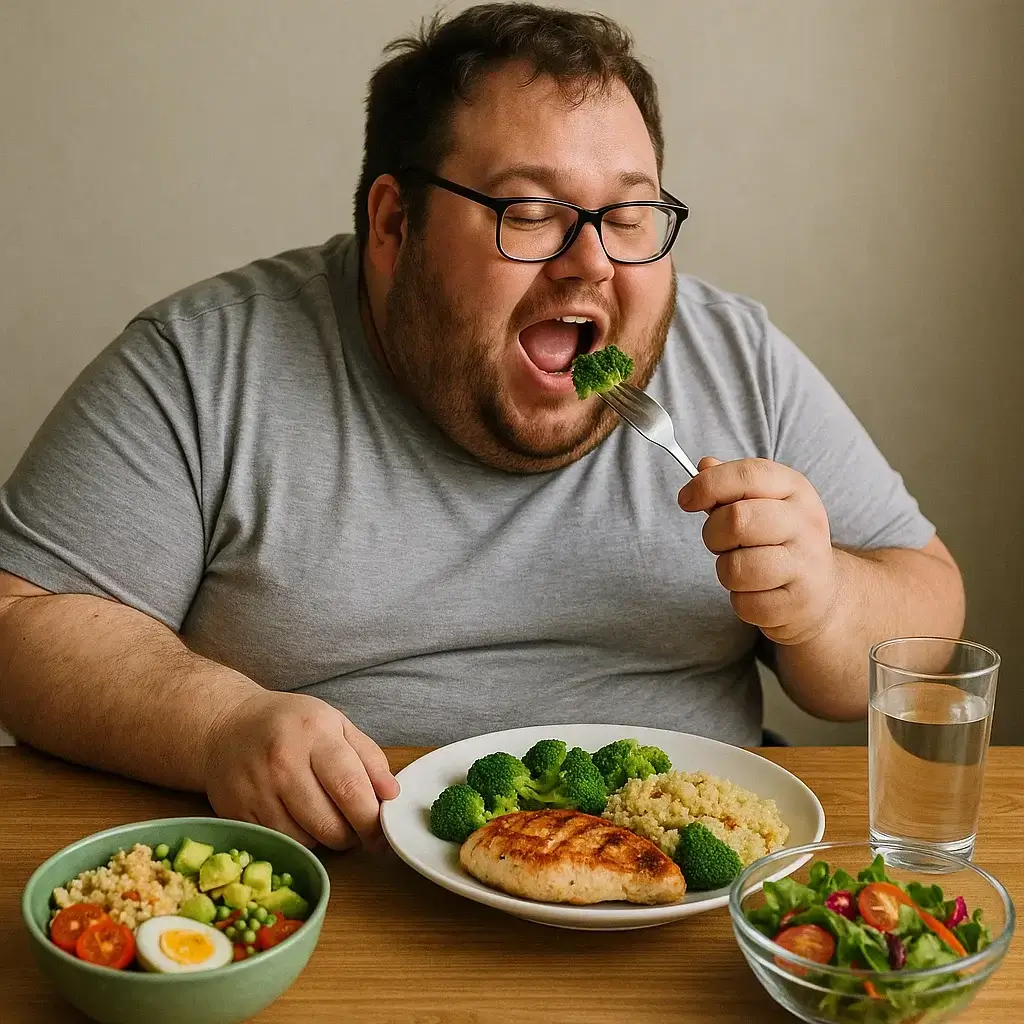 Homme obèse mangeant seul à table — Combien de Calories Par Jour Pour Maigrir ?