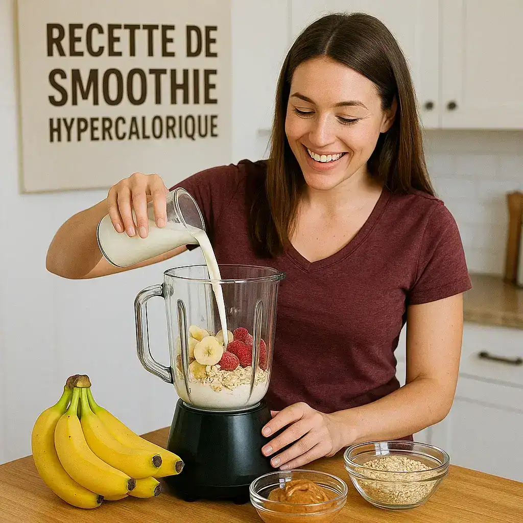 Femme souriante en cuisine préparant une Recette Smoothie Hypercalorique avec fruits et beurre de cacahuète.